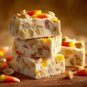 An extreme close-up shot of a piece of layered fudge, showing the creamy texture of the white chocolate fudge.