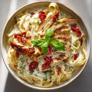 A close-up view of the creamy sun-dried tomato pasta, showing the rich texture of the alfredo sauce coating the fettuccine noodles and chicken.