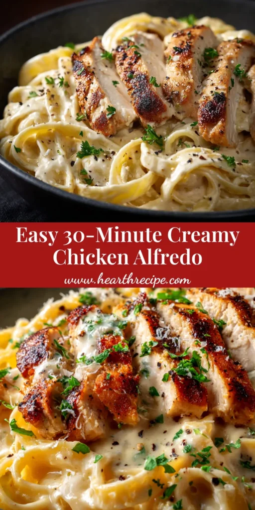 Creamy Chicken Alfredo recipe with tender chicken and a rich, homemade parmesan garlic cream sauce. | Hearth_Recipe