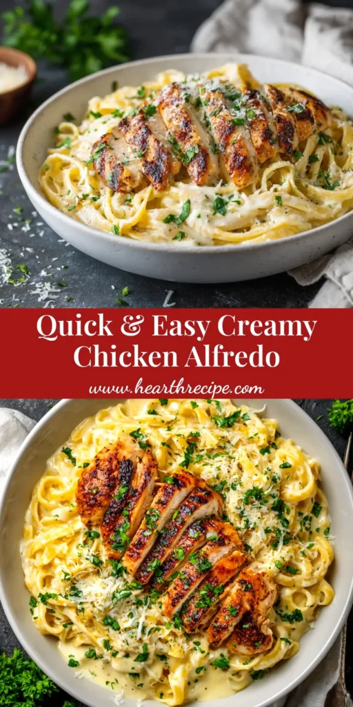 An overhead shot of the finished Chicken Alfredo Recipe, showcasing creamy sauce, sliced chicken, and fresh parsley in a white bowl, ready to be pinned.