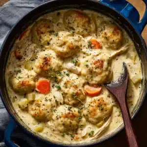An overhead shot of the creamy chicken soup base for chicken and dumplings simmering in a blue cast-iron pot before the dumplings are added.
