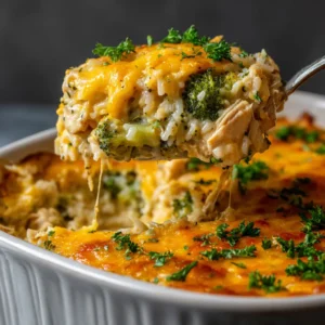 A close-up spoonful of the creamy chicken and rice bake, showing the melted cheese, tender broccoli, and pieces of chicken.