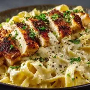 A close-up of creamy chicken fettuccine alfredo in a white bowl, garnished with parsley.