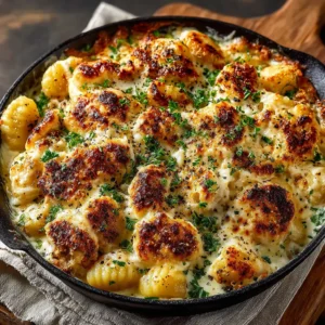 A rustic white cast-iron skillet filled with creamy chicken and gnocchi alfredo, ready to be served.