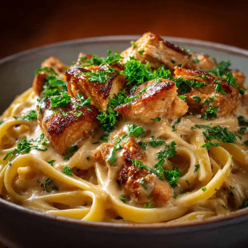 A plated serving of creamy chicken linguine, with a fork twirling some of the pasta to show the texture of the sauce.