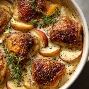 A close-up overhead view of the French chicken casserole, showing the creamy sauce, tender chicken pieces, and mushrooms, garnished with fresh herbs.