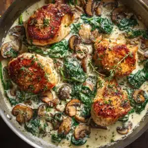 An extreme close-up overhead shot of chicken in a creamy mushroom sauce, highlighting the texture and fresh herbs.