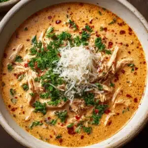 An overhead shot of a bowl of creamy chicken parmesan soup. The rich tomato color and creamy texture are visible.