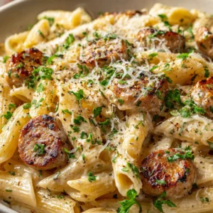 An extreme close-up of creamy pasta with sliced chicken sausage, highlighting the rich and smooth parmesan cream sauce.