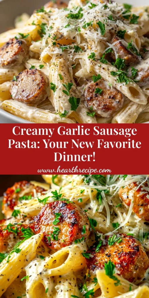 A large white bowl filled with creamy chicken sausage pasta, garnished with fresh parsley. The perfect easy weeknight dinner recipe.