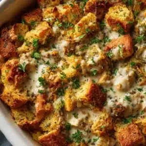 A close-up shot of a serving of chicken stuffing bake on a plate, highlighting the creamy texture of the chicken filling under the crispy stuffing.