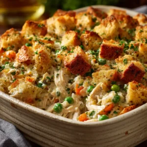 A close-up spoonful of creamy chicken and stuffing bake, showing the tender chicken, vegetables, and savory sauce.