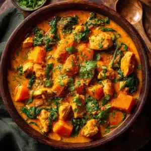 A close-up overhead shot of a rustic bowl filled with vibrant orange chicken sweet potato curry, showing the creamy texture of the coconut milk sauce.