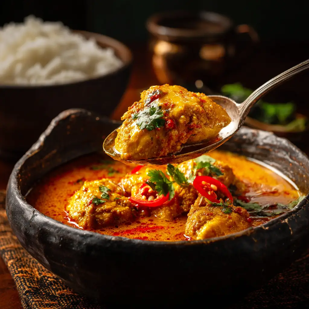 A serving of creamy coconut chicken curry in a white bowl, ready to be served with a side of rice.