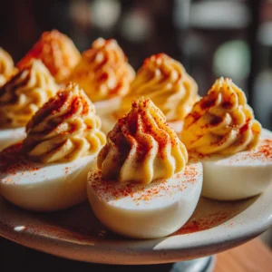 A close-up shot of creamy deviled egg filling being piped into a hard-boiled egg white, showcasing the rich texture of the Million Dollar Deviled Eggs filling.