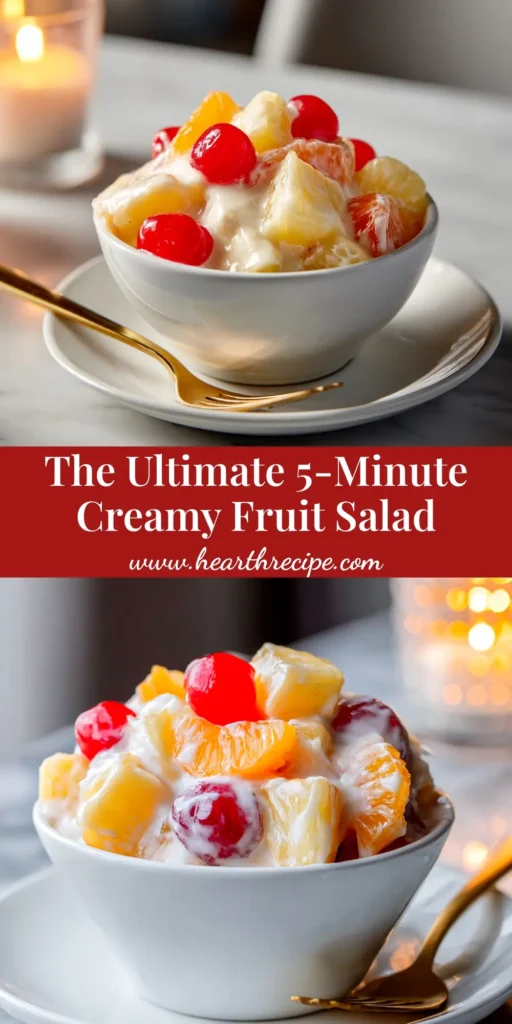 A large white bowl filled with a colorful and creamy fruit salad recipe, with strawberries, grapes, and blueberries visible. A wooden spoon is resting in the bowl.