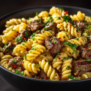 A close-up view of creamy garlic butter steak pasta, showing the rich texture of the sauce clinging to the fettuccine and steak.