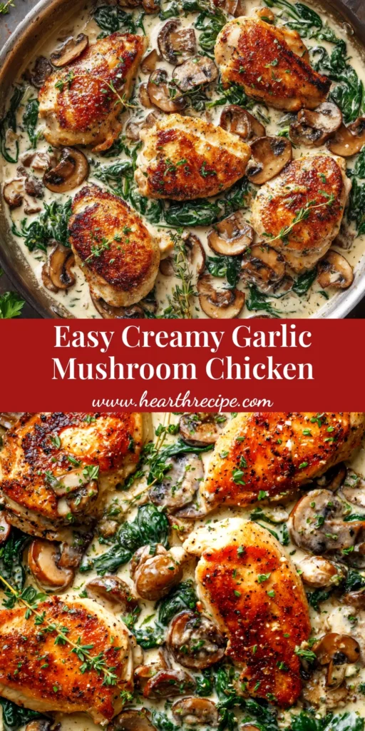 A skillet of creamy garlic mushroom chicken garnished with fresh parsley. A delicious and easy one-pan dinner recipe ready in 30 minutes.