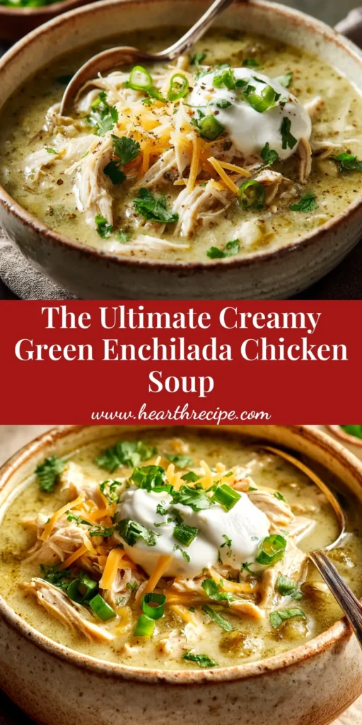 A top-down view of a bowl of creamy green enchilada chicken soup, garnished with tortilla strips, cilantro, and a lime wedge. The perfect easy weeknight dinner recipe.