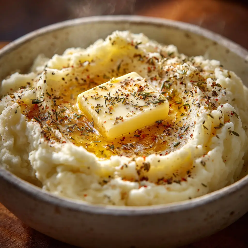Best Mashed Potatoes Recipe (Fluffy & Creamy) 2 An extreme close-up shot of homemade creamy mashed potatoes in a bowl, showing the fluffy and smooth texture of the dish.