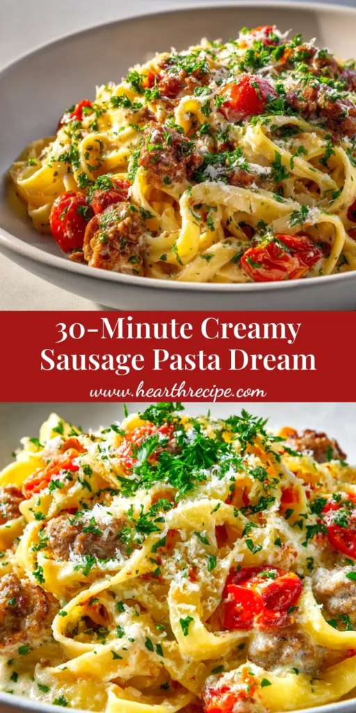A close-up shot of a white bowl filled with creamy Italian sausage pasta, garnished with fresh parsley and grated Parmesan cheese.