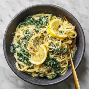 An overhead close-up shot of creamy lemon ricotta pasta, highlighting the smooth texture of the sauce clinging to the linguine.
