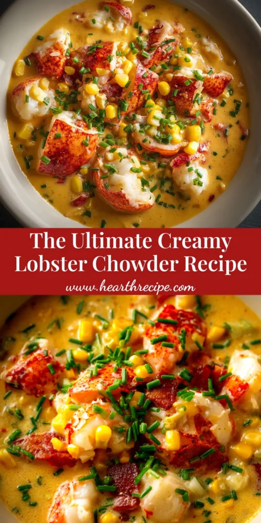 Creamy Lobster Chowder: A Luxurious Meal Made Easy 3 A close-up of a white bowl filled with Creamy Lobster Chowder, garnished with fresh chives. An easy recipe for a rich and luxurious seafood dinner.