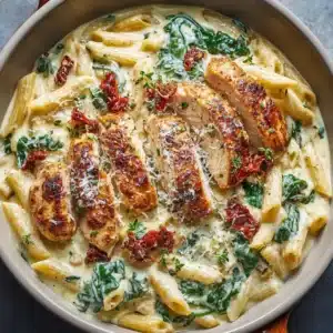 An extreme close-up overhead shot of creamy chicken pasta, with a fork twirling the noodles covered in a rich sun-dried tomato sauce.