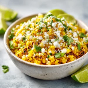 A close-up shot of the creamy dressing being mixed into the Mexican Street Corn Salad, showing the corn kernels, cotija cheese, and cilantro.