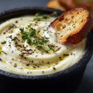 An extreme close-up of creamy parmesan sauce being whisked in a rustic black cast iron skillet, showing its smooth texture.