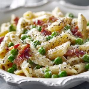 An extreme close-up of a forkful of creamy penne pasta, showing the rich texture of the sauce with bits of bacon and bright green peas.