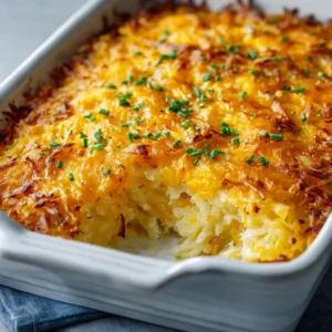 A close-up scoop of creamy potato bake on a spatula, showing the rich, melted cheese and tender shredded potatoes.