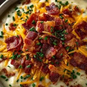 A close-up shot of creamy potato soup in a white bowl, highlighting the velvety texture and chunks of tender potato.