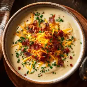 A spoonful of thick and creamy potato soup being lifted from a bowl, showing the smooth texture.