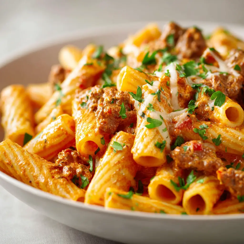 A spoonful of creamy sausage rigatoni being lifted from a bowl, highlighting the perfectly cooked pasta and the luscious, clinging sauce.