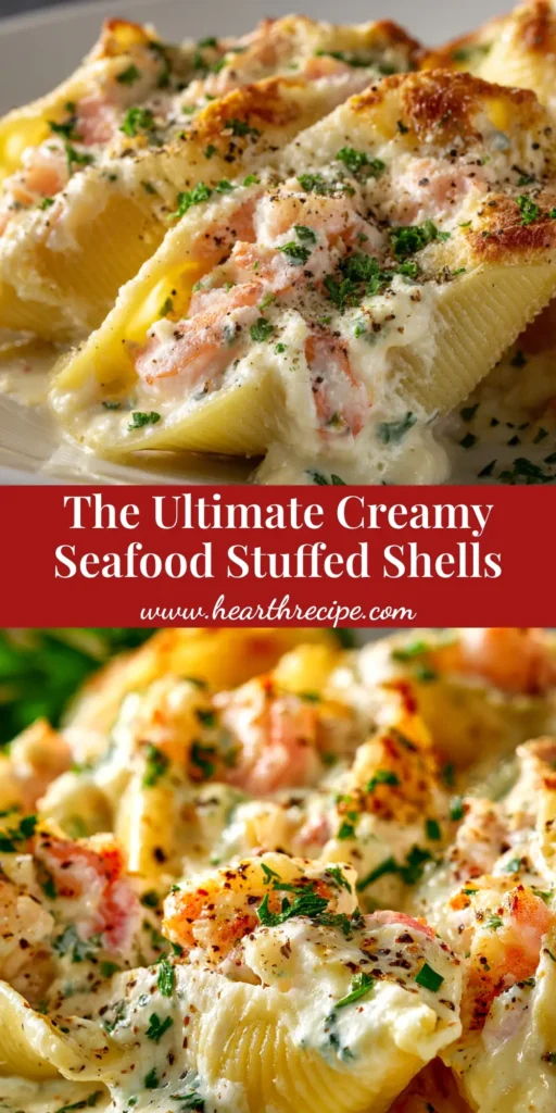 A close-up shot of creamy seafood stuffed shells in a white baking dish, topped with melted cheese and fresh parsley. The ultimate recipe for seafood lovers.