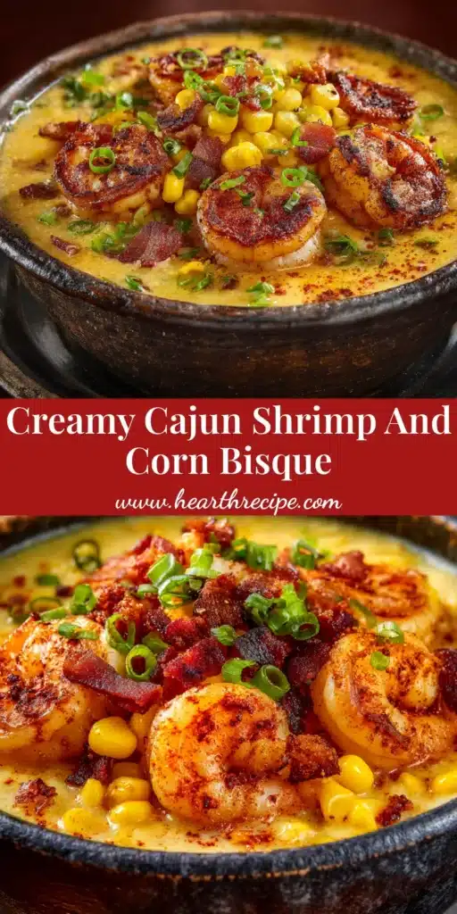 A beautiful overhead shot of a creamy Shrimp and Corn Bisque in a rustic white bowl, garnished with fresh chives and whole shrimp.