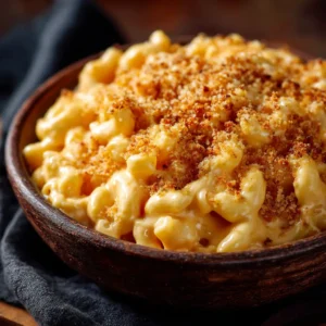 An extreme close-up of slow cooker mac and cheese on a fork, showing the incredibly creamy and stringy cheese sauce.