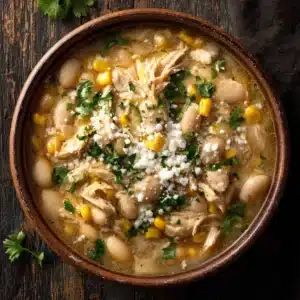 A close-up overhead view of a bowl of creamy slow cooker white chicken chili, highlighting the tender shredded chicken, corn, and beans in a rich broth.