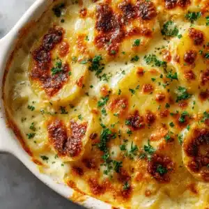 A serving of creamy steakhouse potatoes au gratin on a white plate, showing the layers of tender potato and cheese sauce.