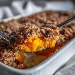 A spoonful of creamy sweet potato souffle being lifted from a baking dish, showcasing the light and fluffy texture inside.