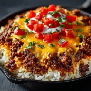 A close-up shot of the cheesy taco rice being scooped from the skillet, showing the creamy texture and seasoned ground beef.