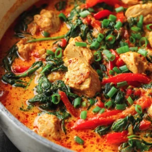 An extreme close-up shot of creamy coconut curry sauce clinging to a piece of tender chicken, showcasing the rich texture of the dish.
