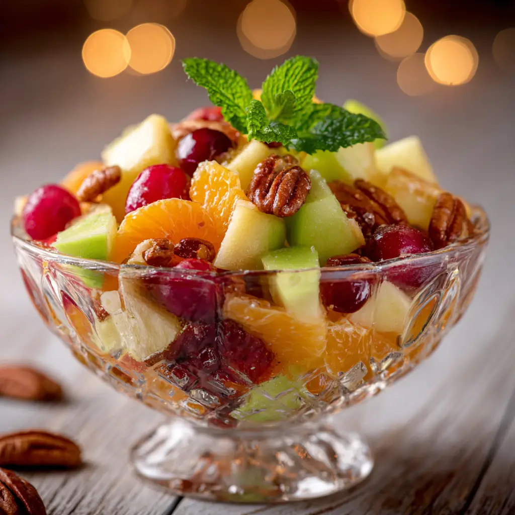 Thanksgiving Fruit Salad with Creamy Maple-Cinnamon Dressing 1 A spoonful of creamy Thanksgiving fruit salad being lifted from a bowl, showing the rich maple-cinnamon dressing coating the fruit.