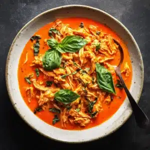 A process shot showing the ingredients for creamy tomato basil chicken arranged on a countertop, including chicken breasts, canned tomatoes, an onion, garlic, and fresh basil.