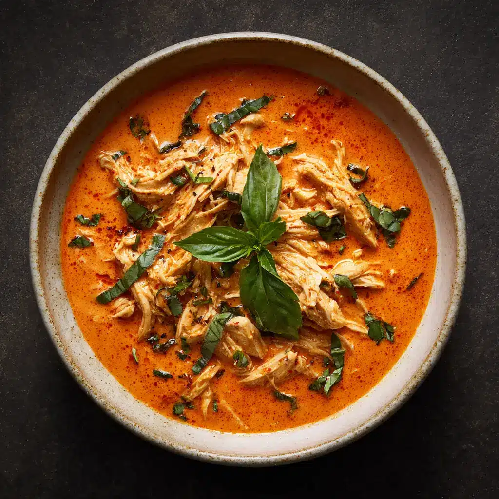 A close-up shot of the finished creamy tomato basil chicken being stirred in the slow cooker, showing the tender shredded chicken mixed into the vibrant sauce.