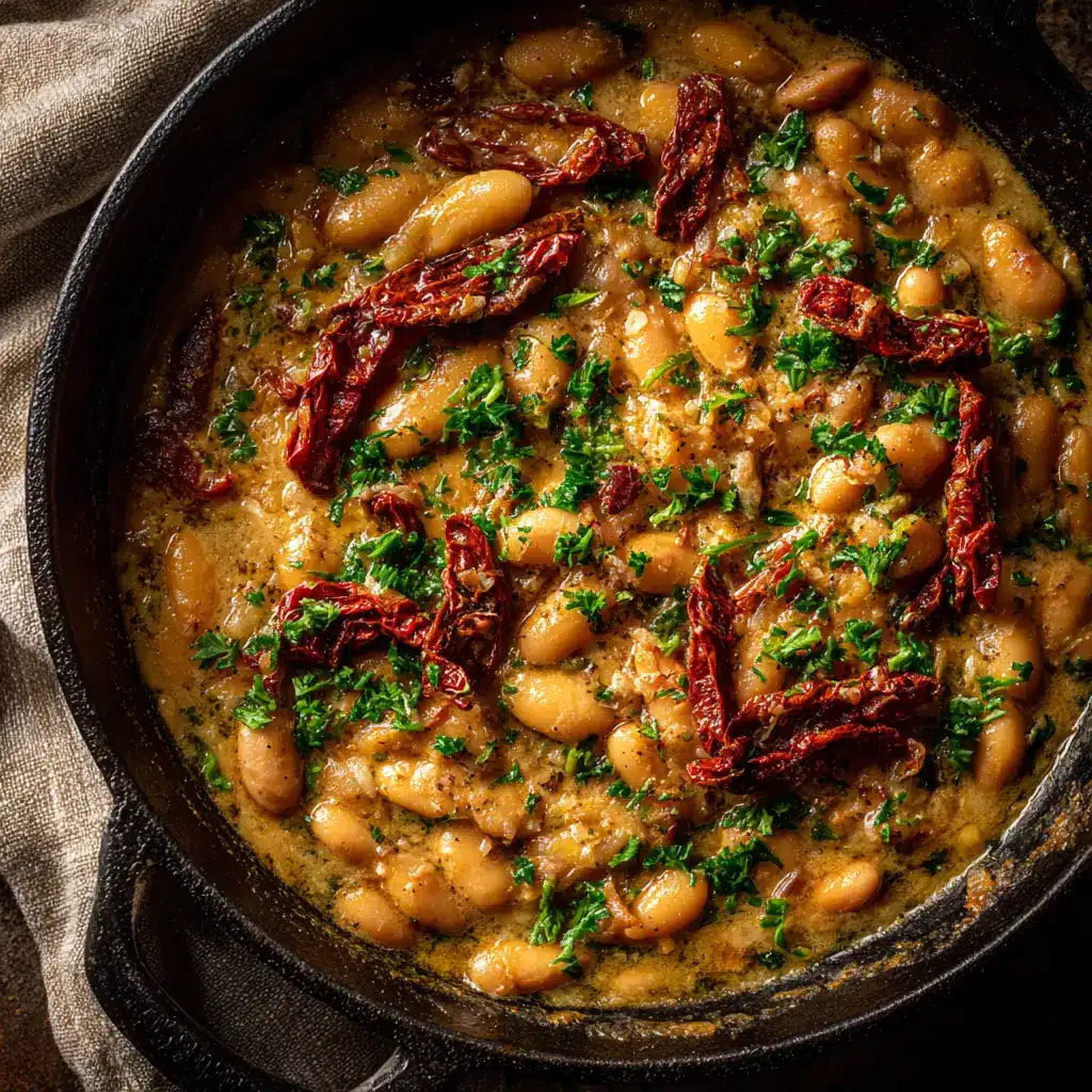 A close-up shot showing the rich, creamy texture of the garlicky butter bean sauce.