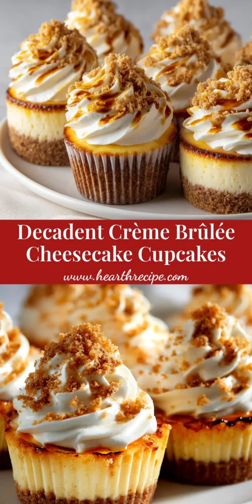 A close-up shot of several Crème Brûlée Cheesecake Cupcakes, with one in the foreground showing a perfect, glossy, caramelized sugar topping that has been cracked with a spoon.