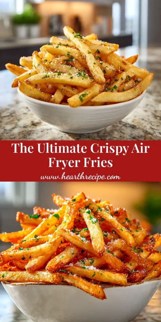 Air Fryer Fries (The Crispiest, Easiest Recipe!) 3 A heaping pile of perfectly golden and crispy Air Fryer Fries served in a white bowl, ready to be eaten. The title 'Crispy Air Fryer Fries' is overlaid on the image.