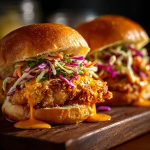 A close-up shot of two crispy chicken sliders with bang bang sauce dripping down the side, showcasing the golden-brown texture of the chicken.